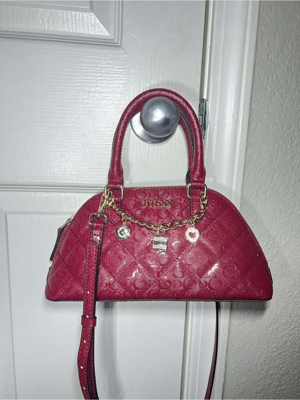 GUESS Quilted Dome Satchel in Deep Berry